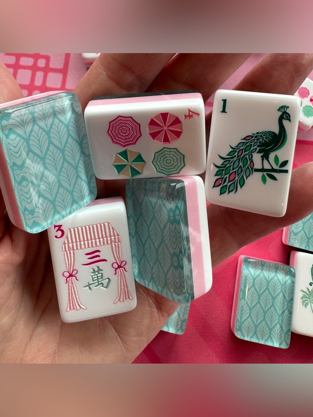Handcrafted Mahjong Tiles - Pink & Teal Home Accents Set